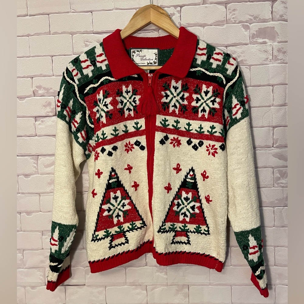 Carolina Colours Christmas Cardigan Sweater Sz S Full ZIp Embroidered‎ VTG 90s